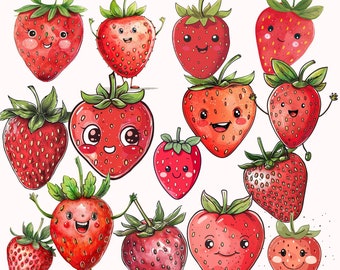 Lindo clipart de fresa, fruta fresa PNG, clipart de bayas de verano, diseño de menú, cocina para hornear, descarga digital, sublimación