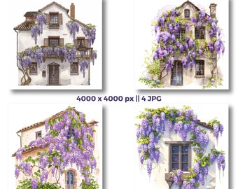 Wisteria Digital Paper, Wisteria on Houses Clipart, JPG Illustrations of Purple Wisteria Flowers, Scrapbooking Card making, Digital Download