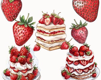 Strawberry Clipart, Strawberry Shortcake Cake PNG, Summer Berry Clipart, Menu Design, Baking Kitchen Culinary Wall art, Sublimation Design