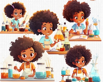 Clipart z czarną dziewczyną naukową, impreza naukowców dla dzieci afroamerykańskich, wystrój klasy, czarne dzieci w STEM PNG, cyfrowe pobieranie do użytku komercyjnego