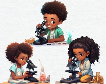 Czarne dzieci naukowe clipart mikroskopy, afroamerykańska impreza naukowa chłopców i dziewcząt, wystrój klasy, STEM PNG, laboratorium biologiczne clipart