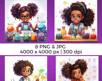 Clipart z nauką i matematyką dla czarnych dziewcząt, afroamerykański naukowiec dziecięcy PNG JPG, czarny w STEM, cyfrowe pobieranie urodzinowej imprezy naukowej