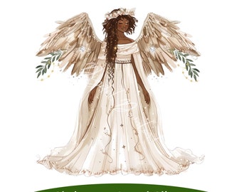 African American Angel PNG, Christmas Angel Clipart, Card Making, White and Gold Christmas, Watercolor, Black Angel PNG, Black Angel Picture