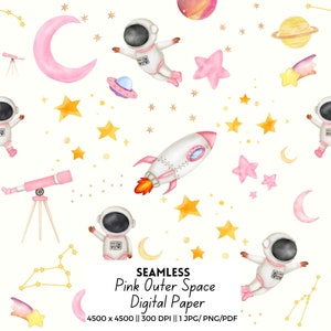 Ruimte digitaal papier, roze astronaut naadloos patroon, meisje naadloos bestand, roze kinderkamerinrichting, stofontwerp, meisjesastronaut, commercieel gebruik