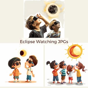 Può includere: Quattro bambini con occhiali protettivi guardano il sole, che è parzialmente eclissato dalla luna. Il sole è giallo e arancione, e la luna è grigio scuro. I bambini indossano abiti colorati e hanno espressioni felici sui loro volti. L'immagine è un'illustrazione di cartone animato.