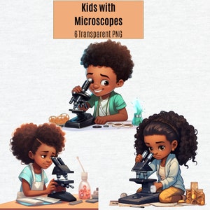 Microscopes noirs de clipart de science d'enfants, partie de scientifique de garçons et de filles d'Afro-américain, décoration de salle de classe, tige PNG, clipart de laboratoire de biologie