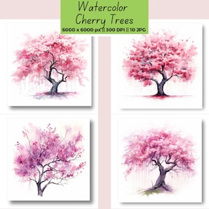 Watercolor Cherry blossom Tree Images, Digital Paper, Spring Cherry Tree Clipart, Floral Blossom Landscape Wall Art Scrapbook Paper