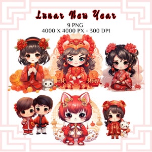 Chinesisches Neujahr Kawaii PNG, Süßes Mondneujahr Chibi Clipart, Asiatische Themen Babyparty PNG, Chinesische Hochzeit, 100 Tage, CNY Sublimation