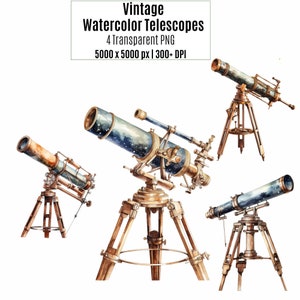 Vintage Watercolor Telescope Clipart, Astronomy Stargazer PNG, Stargazing, NASA Space, STEM, telescope download, commercial use, sublimation