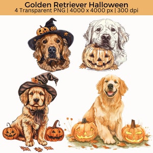 Golden Retriever Halloween Clipart, Cães Fofos Halloween PNG, Chapéus de Bruxa e Lanternas Jack O, Sublimação de Cachorro, Amante de Cachorro