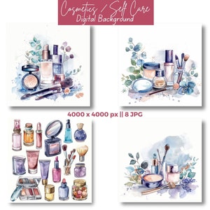 Imágenes prediseñadas de cosméticos, cuidado personal, imágenes de maquillaje, imágenes prediseñadas de belleza de acuarela para planificador, papel digital de maquillaje, fondo digital de estética, JPG