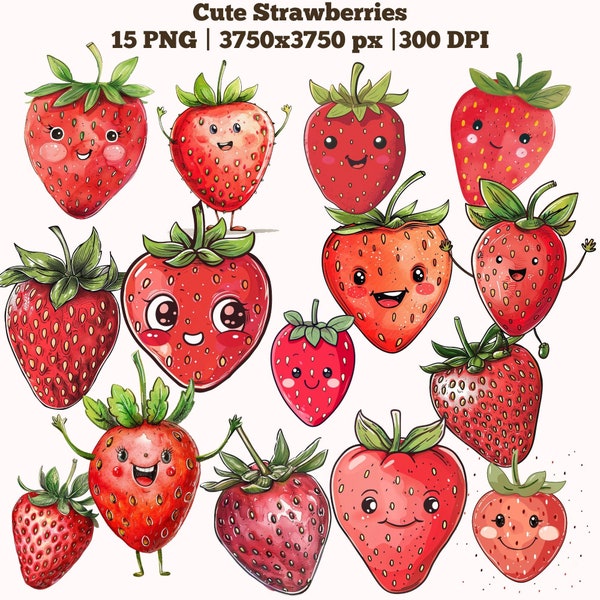 Cute Strawberry Clipart, Fruit Strawberry PNG, Summer Berry Clipart, Menu Design, Baking Kitchen Culinary, Digital Download, Sublimation