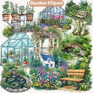 Jardim PNG, botas de jardinagem, lago de jardim com uma ponte clipart, jardim de casa de campo, fundo de primavera, estufa, download digital de regador