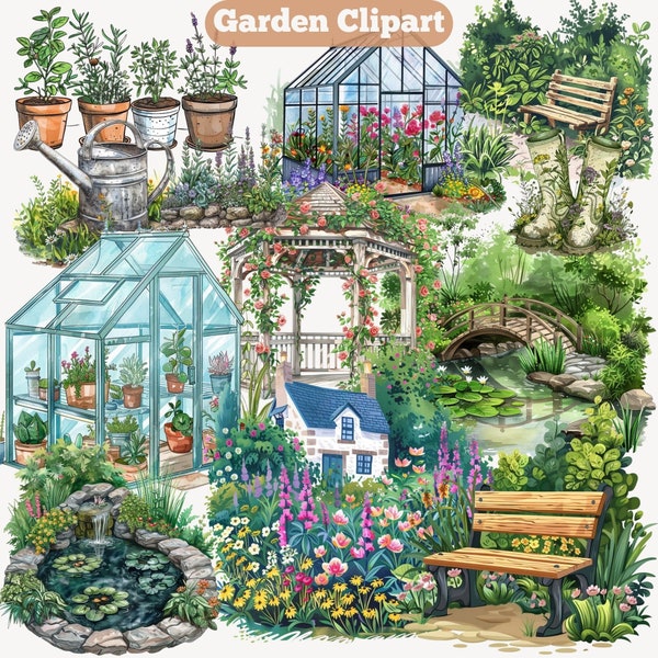 Garden PNG, Gardening Boots, Garden Pond with a bridge Clipart, Cottage Garden, Spring background, Greenhouse, Watering Can Digital Download