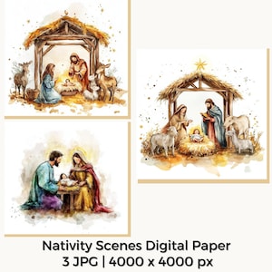 Cyfrowy papier do szopki, Sztuka sceny szopki, Akwarela Bożego Narodzenia szopka png, Neutralna scena żłobu, Wydrukowane chrześcijańskie religijne clipart
