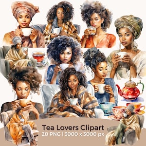 Imágenes prediseñadas de mujer negra bebiendo té, imágenes prediseñadas de otoño acogedor en acuarela, imágenes prediseñadas de autocuidado para la hora del té, ilustraciones de bienestar, tetera, taza de té PNG