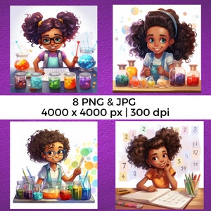 黒人の女の子の科学と数学のクリップアート、アフリカ系アメリカ人の子供の科学者 PNG JPG、STEM の黒人、科学の誕生日パーティーのデジタル ダウンロード