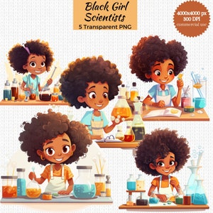 Clipart de ciencia de niña negra, fiesta de científicos para niños afroamericanos, decoración de aula, niños negros en STEM PNG, descarga digital para uso comercial
