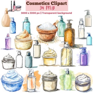 Paquete de imágenes prediseñadas de cosméticos, imágenes prediseñadas de botellas de loción, cuidado personal, día de spa, loción corporal, exfoliante, imágenes de maquillaje, belleza, planificador, estética