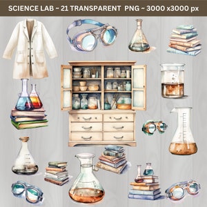 Clipart de laboratorio de ciencias de acuarela, tecnología de laboratorio PNG, científico de laboratorio clínico, profesor de ciencias, STEM, sublimación, vasos de precipitados, banco de laboratorio