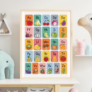 Fruit and Vegetable Alphabet Poster, Kindergarten First Grade Classroom Homeschool Wall Art, Educational Kids Room Decor, Teacher Gift