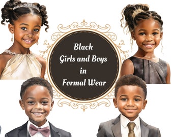 Black Kids in Formal Fashion Clipart | Watercolor African American Children PNG