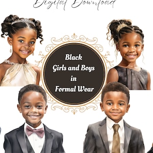 Zwarte kinderen PNG-clipart, verklede afro meisjes jongens, Afro-Amerikaanse kinderen aquarel formele mode, digitale download commercieel gebruik