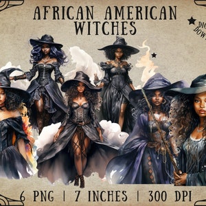 Clipart de sorcières afro-américaines, fille noire Halloween PNG, aquarelle afro-américaine sorcière gothique femme noire téléchargement numérique usage Commercial