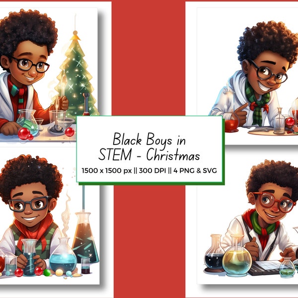 Black Boys in STEM Christmas Scientist Clipart PNG SVG, African American boy Science Teacher Holidays Gift, Afro kids, Digital Download