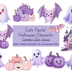Słodkie pastelowe Halloweenowe cliparty, Dziecięce zabawne Halloweenowe cliparty, słodkie duchy, pastelowe fioletowo-różowe dynie nietoperze, Słodkie elementy Halloweenowe reklamowe