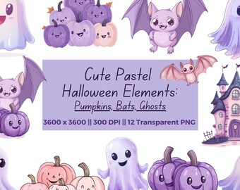 Schattige pastel halloween-clipart, kinderleuke halloween-clipart, schattige geesten, pastel paars roze pompoenen vleermuizen, reclame leuke Halloween-elementen