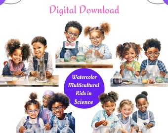 Multicultural Kids Science Clipart, Black Girls Boys in STEM PNG SVG, Science Classroom Decor, Scientist Lab Digital Download Commercial Use