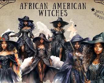 Afroamerikanska häxor Clipart, svart flicka Halloween PNG, akvarell afro häxa gotisk svart kvinna häxa digital nedladdning kommersiell användning