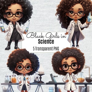 Black Girls in Science Clipart, PNG per bambini scienziati afroamericani, adesivi STEM, download digitale per uso commerciale