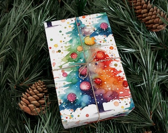 May include: Watercolor wrapping paper featuring a colorful abstract Christmas tree with ornaments and a white background. The paper is tied with twine.