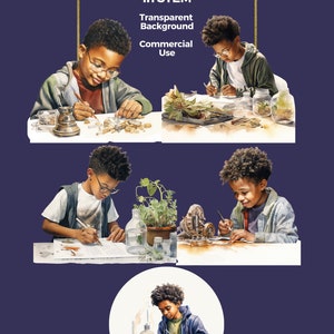Black Boys in STEM, Science Clipart, African American kids PNG, Watercolor, Engineering Botany Biology, Digital Download Commercial Use
