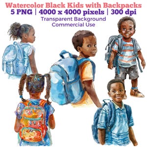Watercolor back to school png, Black boys clipart, Black girls clipart, African American kids with Backpacks cartoon, Student Sublimation