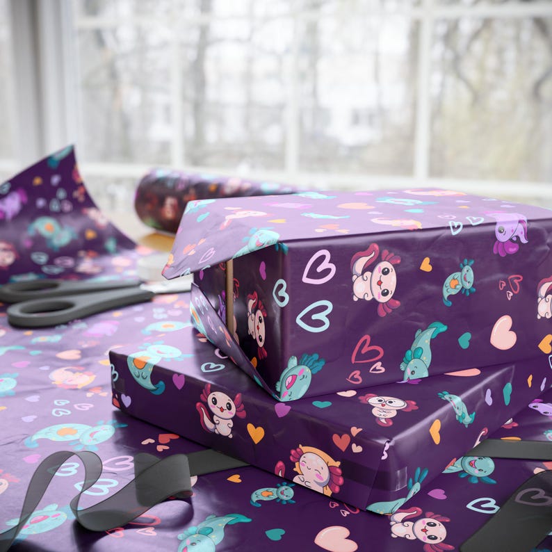 Cute Axolotl wrapping paper, Purple Gift wrap, Axolotl Birthday Party, Axolotl Gift Packaging, Kids Wrapping Paper Axolotl Gifts 画像 5