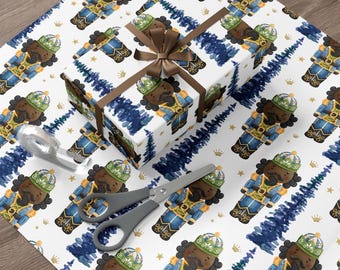 African American Nutcracker Wrapping Paper | Blue and White Christmas Gift Wrap | Black Nutcracker | 3 Sizes, Matte or Glossy