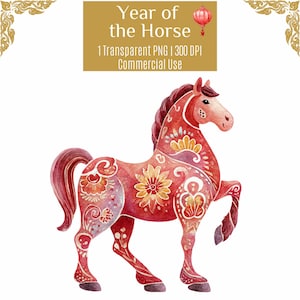 Può includere: Illustrazione ad acquerello di un cavallo rosso con disegni floreali e a volute. L'immagine include il testo "Year of the Horse" e "1 Transparent PNG | 300 DPI | Commercial Use". Il cavallo è in piedi.