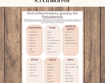 Puede incluir: Una lista de la compra imprimible con casillas de verificación para alimentos antiinflamatorios. La lista está dividida en categorías: verduras, frutas, semillas y granos, bebidas, especias y otras. La lista incluye artículos como cebollas rojas, manzanas, arroz integral, té verde, clavos y aceite de oliva.