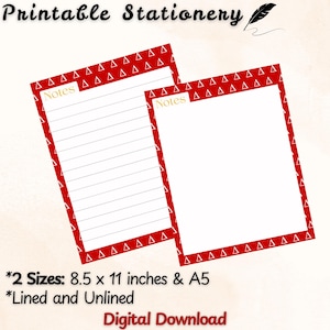 Printable Stationery Paper, Red and White Delta Triangles, DST Sorority Inspired, Lined and Unlined Notes, Journal, To do List, A5 US Letter