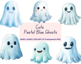 Fantasmas lindos de color azul pastel PNG, clipart de Halloween para niños, lindos elementos de Halloween, temporada espeluznante, primer Halloween del bebé, Halloween para niños
