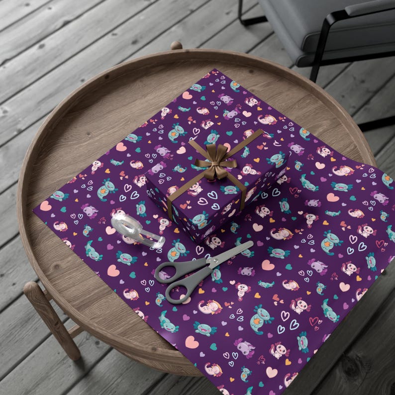 Cute Axolotl wrapping paper, Purple Gift wrap, Axolotl Birthday Party, Axolotl Gift Packaging, Kids Wrapping Paper Axolotl Gifts 画像 6