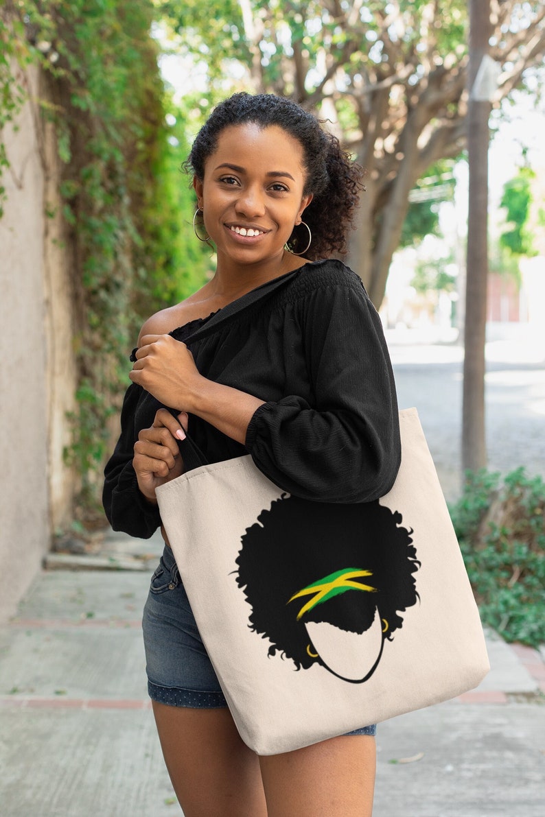 Jamaica Tote Bag, Jamaican Flag Headband in Woman's Afro, Cotton Canvas Shopping Bag Etsy