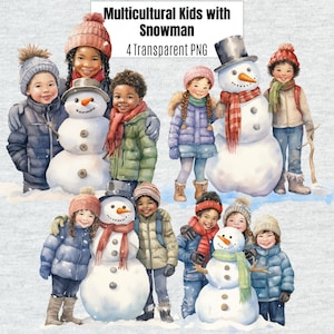 多様な子供たちの冬のクリップアート、雪だるまの多文化の子供たちの PNG、水彩デジタルダウンロード、商用利用