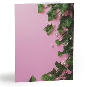 Jeu de cartes de voeux d'inspiration AKA, perles et lierre, papeterie rose-vert, enveloppes blanches, intérieur vierge, invitation, merci, remise des diplômes
