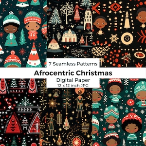 May include: A digital paper set featuring seven seamless patterns with an Afrocentric Christmas theme. The patterns include illustrations of people, trees, and ornaments in red, green, and gold on a black background. The paper size is 12 x 12 inches.