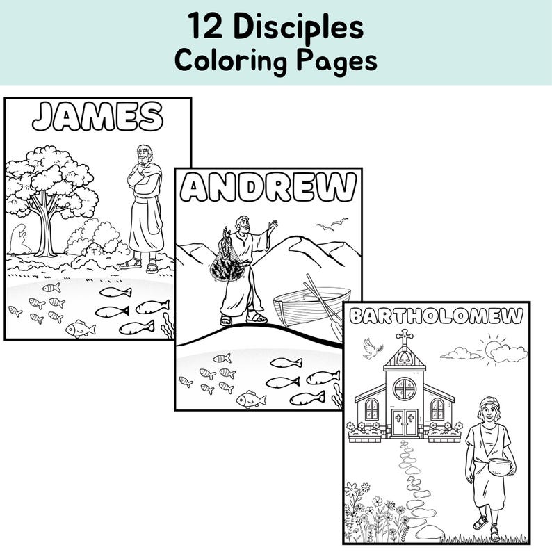 Puede incluir: P&aacute;ginas para colorear en blanco y negro con los 12 disc&iacute;pulos de Jes&uacute;s. Cada p&aacute;gina incluye un nombre, una ilustraci&oacute;n simple y un borde. Los disc&iacute;pulos representados son Santiago, Andr&eacute;s y Bartolom&eacute;.