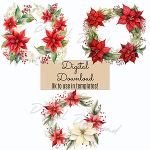Poinsettia rouge PNG, Clipart Couronne de Noël, Couronne de fleurs PNG, cadre hiver, cadre cercle de fleurs, téléchargement numérique pour usage Commercial